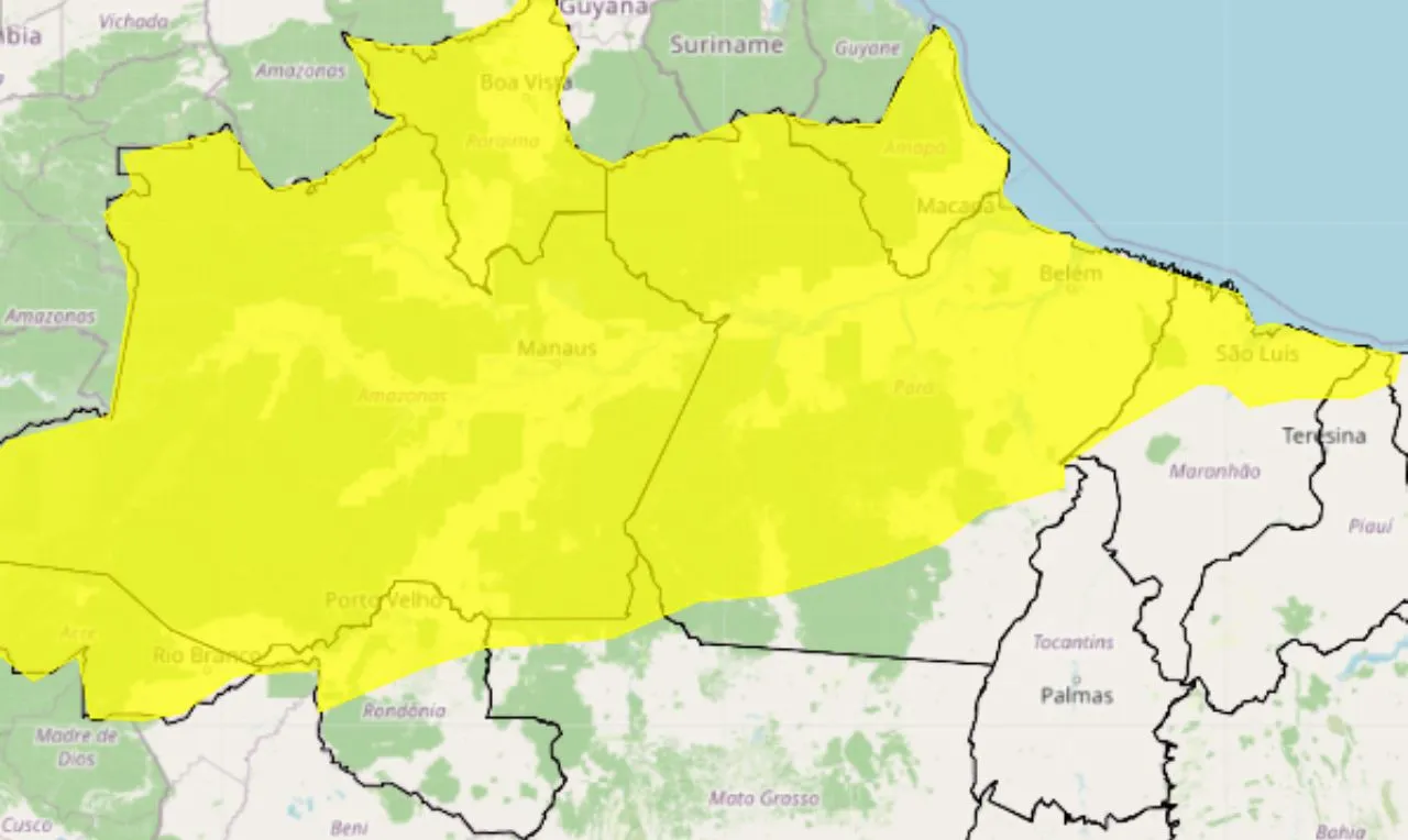 O mapa mostra as &aacute;reas em alerta para chuva intensa e ventos forte